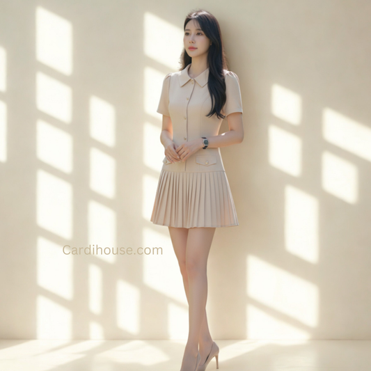 VÁY THIẾT KẾ A CHÂN VÁY XẾP LY MÀU KEM CH-DR0010