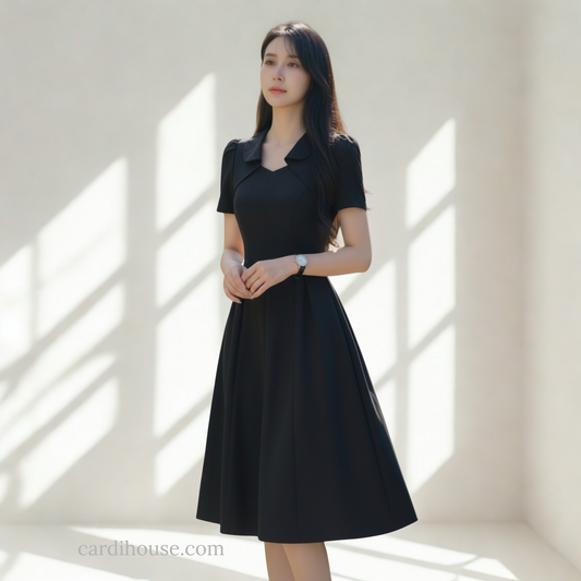 ĐẦM CỔ CÁCH ĐIỆU SANG TRỌNG MÀU ĐEN CH-DR0011